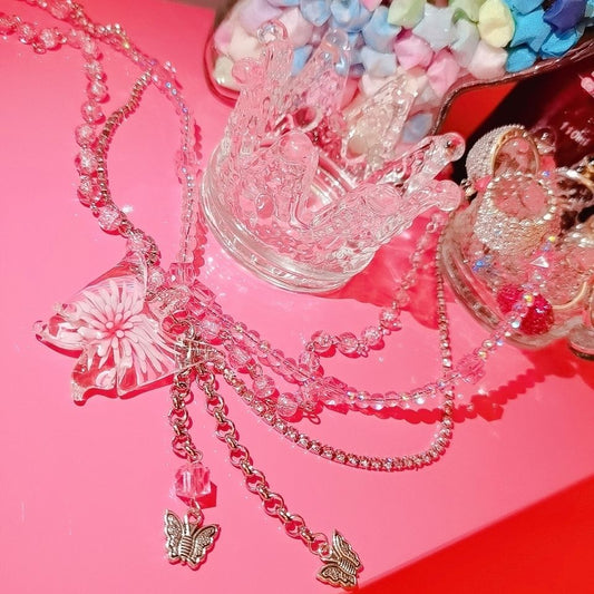 Transparent Pink Butterfly Necklace