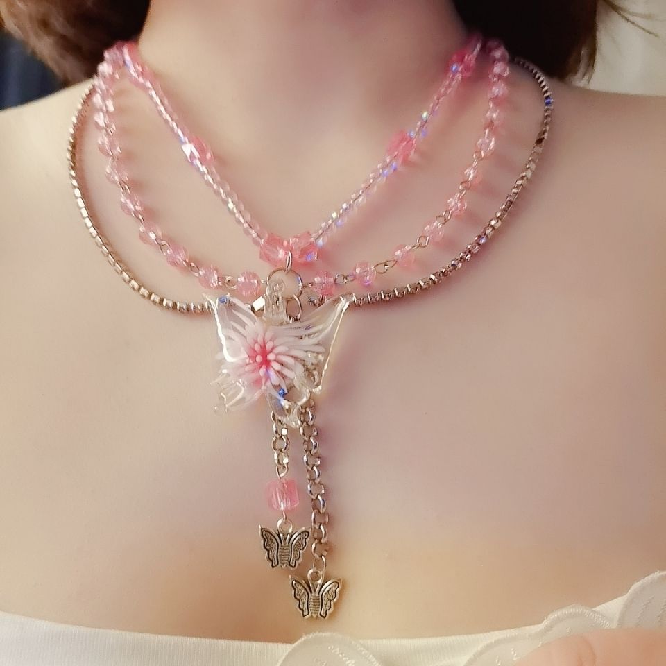 Transparent Pink Butterfly Necklace