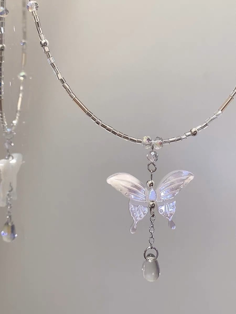 White Butterfly Bead String Necklace