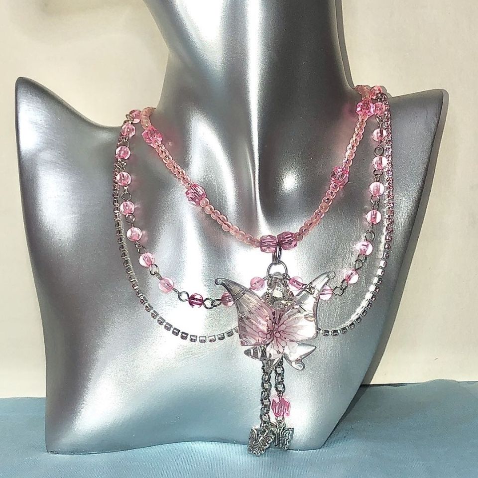 Transparent Pink Butterfly Necklace