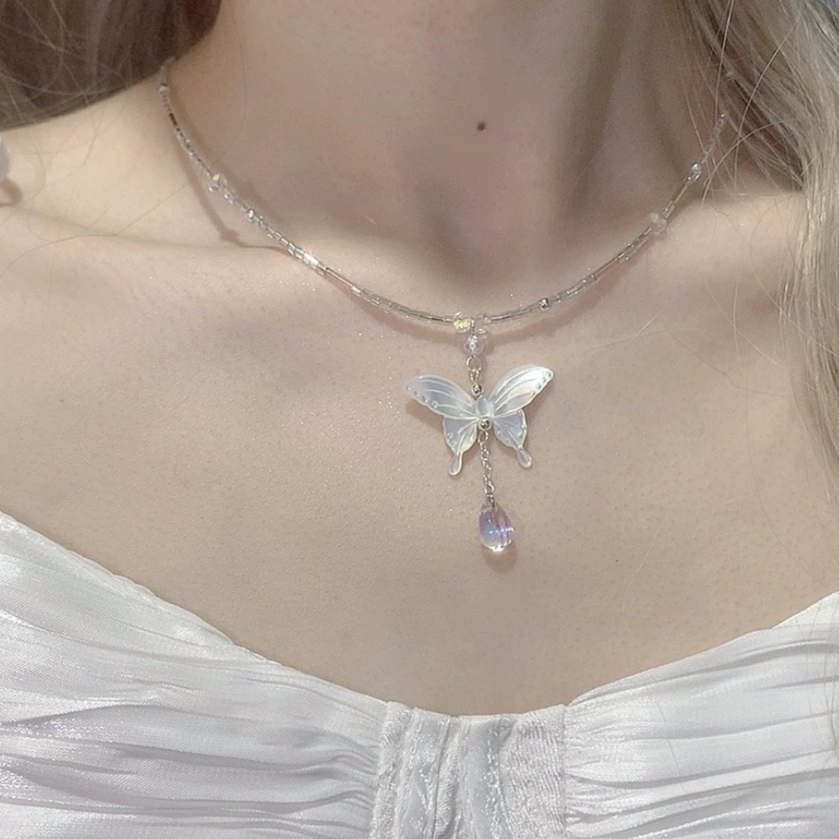 White Butterfly Bead String Necklace