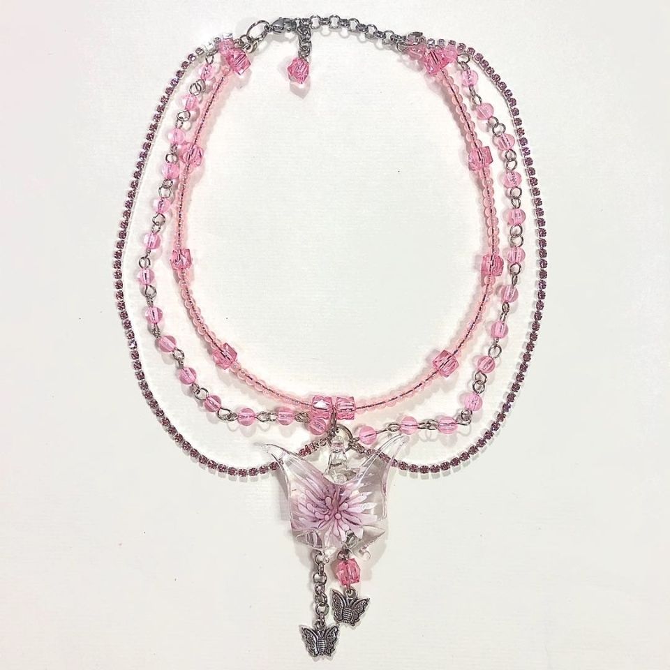 Transparent Pink Butterfly Necklace