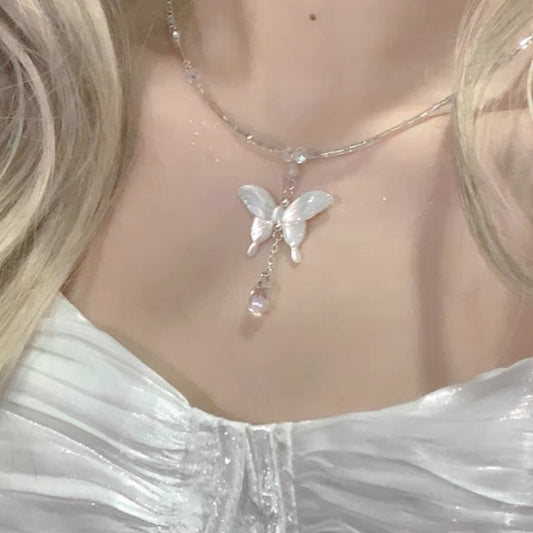 White Butterfly Bead String Necklace